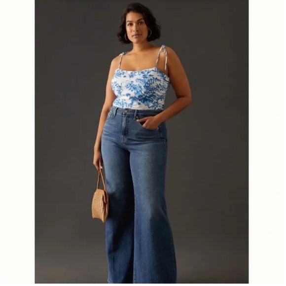 Anthropologie Maeve Blue & White Shirred Tie-Shoulder Tank - Picture 2 of 5